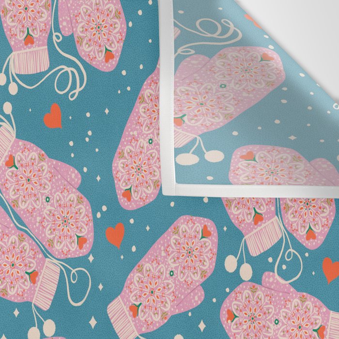 Pink Snowflake Mittens and Hearts on Blue Winter Pattern Wall Tapestry Gallery Image 3
