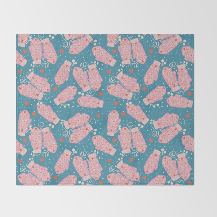 Pink Snowflake Mittens and Hearts on Blue Winter Pattern Throw Blanket Gallery Image 2