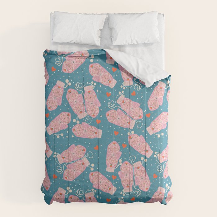 Pink Snowflake Mittens and Hearts on Blue Winter Pattern Comforter Gallery Image 6