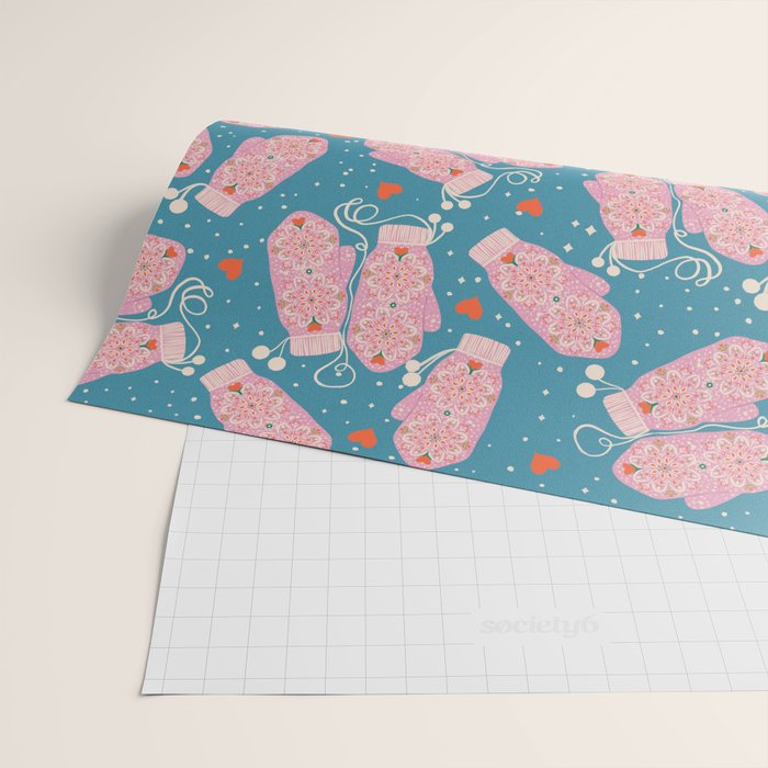 Pink Snowflake Mittens and Hearts on Blue Winter Pattern Wrapping Paper Gallery Image 2