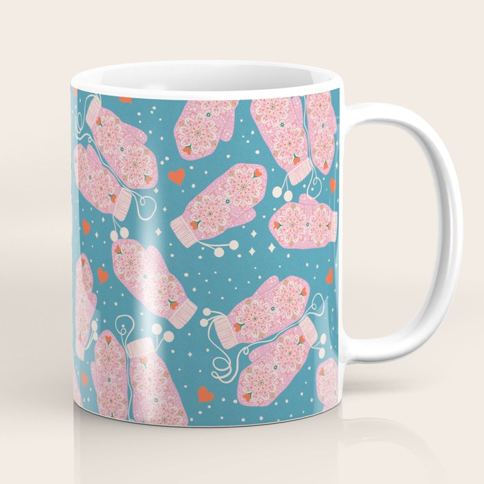 Pink Snowflake Mittens and Hearts on Blue Winter Pattern Coffee Mug Gallery Image 1