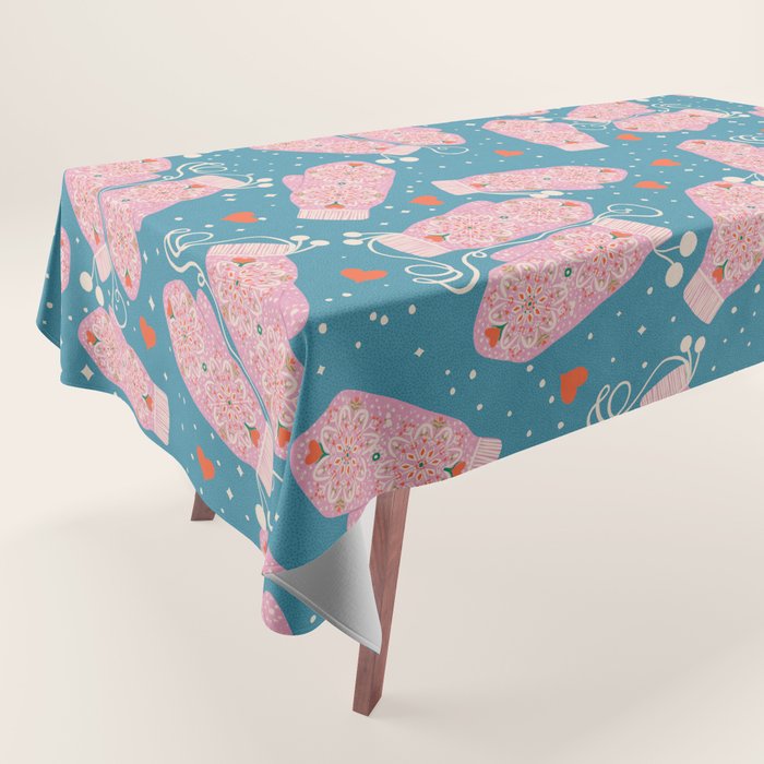 Pink Snowflake Mittens and Hearts on Blue Winter Pattern Tablecloth Gallery Image 1