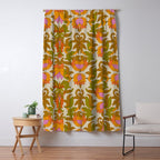 Orange, Pink Flowers and Green Leaves 1960s Retro Vintage Pattern Window Curtain Gallery Image 5