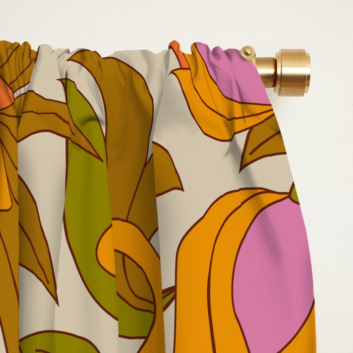 Orange, Pink Flowers and Green Leaves 1960s Retro Vintage Pattern Window Curtain Gallery Image 2