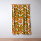 Orange, Pink Flowers and Green Leaves 1960s Retro Vintage Pattern Window Curtain Gallery Image 3