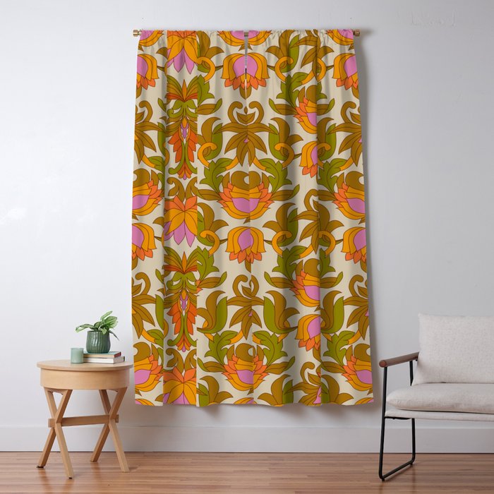 Orange, Pink Flowers and Green Leaves 1960s Retro Vintage Pattern Window Curtain Gallery Image 1