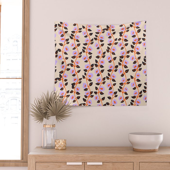 Floral Vine Toss Pink Lavender, Deep Purple, Cream Ivory, Elegant Home Decor Wall Tapestry Gallery Image 2