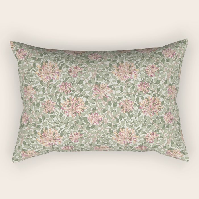 William Morris Vintage Honeysuckle Chalk Yellow Pink Green Floral Rectangular Pillow Gallery Image 2