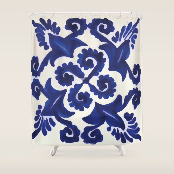 Talavera mexican tile traditional blue ceramic mosaic Shower Curtain Gallery Image 1