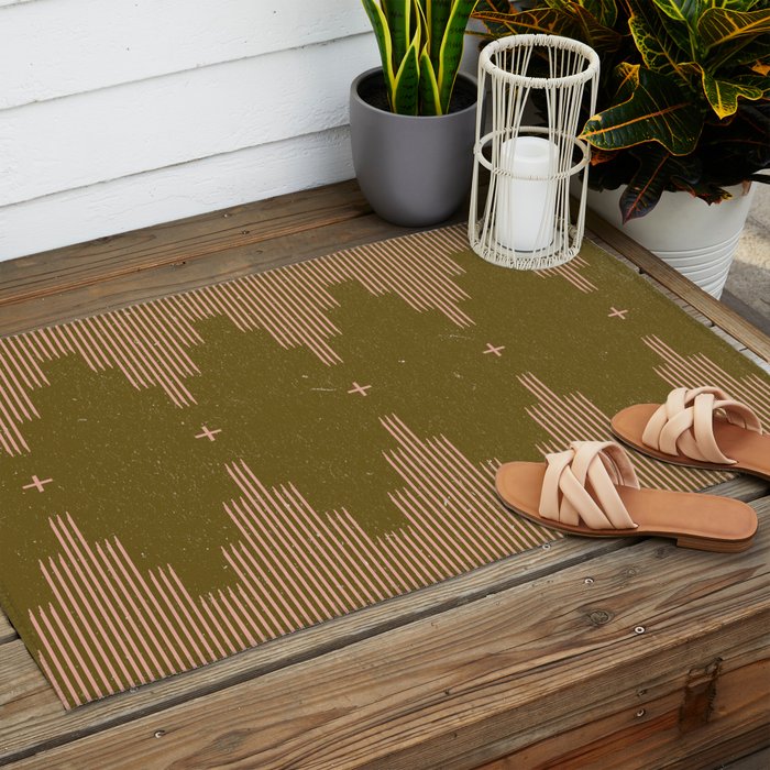 Southwestern Minimalist Retro Green & Pink Outdoor Rug Gallery Image 2