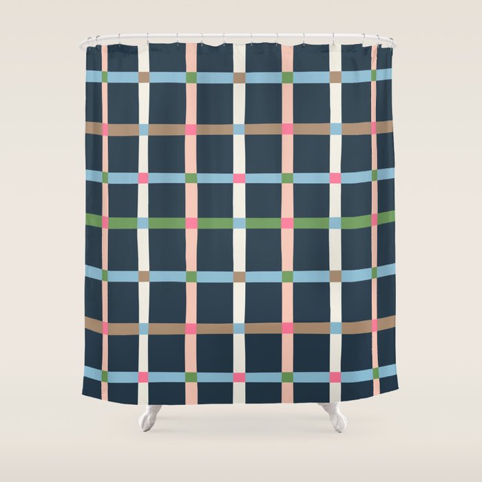 Windowpane Plaid Multicolor on Dark Blue Shower Curtain Gallery Image 1