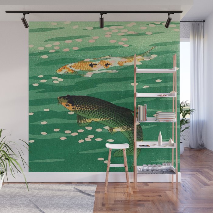 Vintage Japanese Woodblock Print Asian Art Koi Pond Fish Turquoise Green Water Cherry Blossom Wall Mural Gallery Image 1