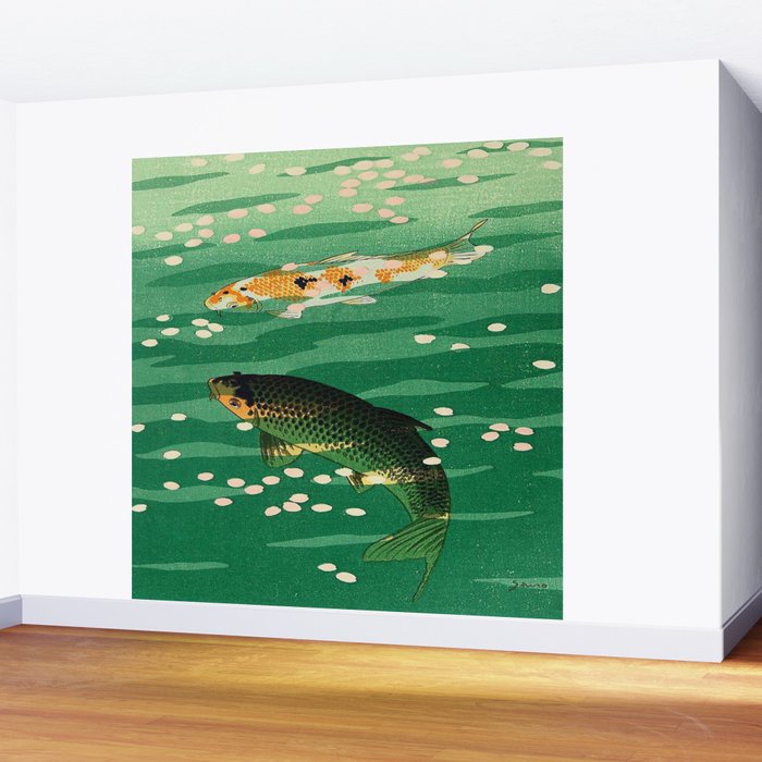 Vintage Japanese Woodblock Print Asian Art Koi Pond Fish Turquoise Green Water Cherry Blossom Wall Mural Gallery Image 2