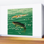 Vintage Japanese Woodblock Print Asian Art Koi Pond Fish Turquoise Green Water Cherry Blossom Wall Mural Gallery Image 2