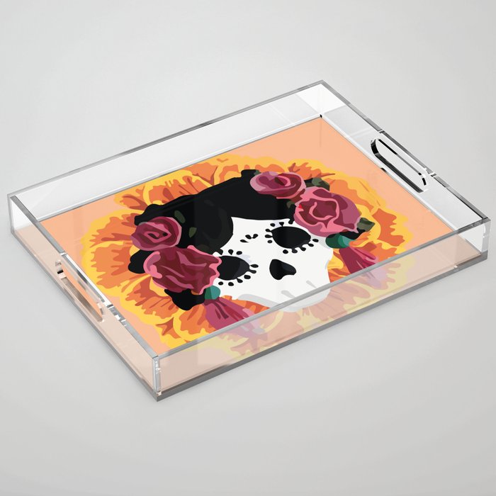 Catrina frida mexican kawaii cute sugar skull mexican style mexican flower marigold skeleton  Acrylic Tray Gallery Image 1