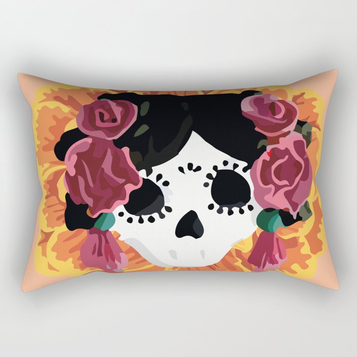 Catrina frida mexican kawaii cute sugar skull mexican style mexican flower marigold skeleton  Rectangular Pillow Gallery Image 2