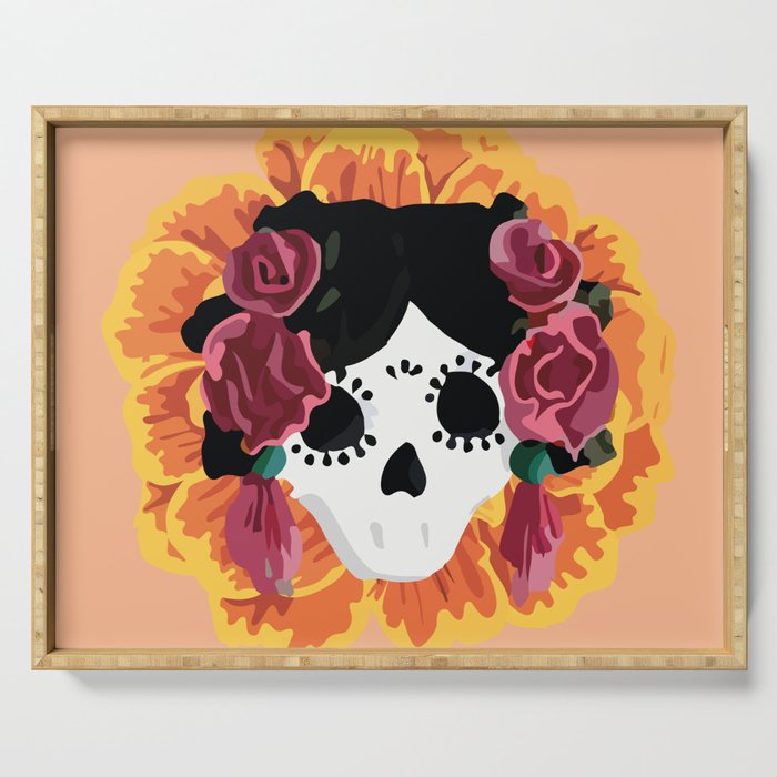 Catrina frida mexican kawaii cute sugar skull mexican style mexican flower marigold skeleton  Serving Tray Gallery Image 1