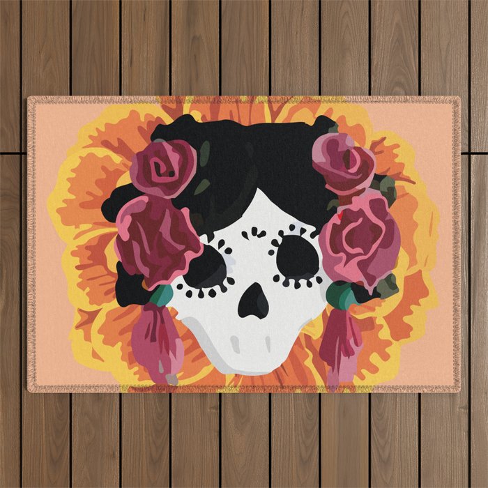 Catrina frida mexican kawaii cute sugar skull mexican style mexican flower marigold skeleton  Outdoor Rug Gallery Image 1