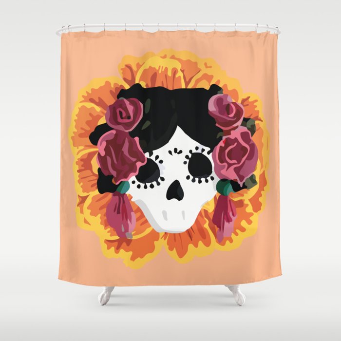 Catrina frida mexican kawaii cute sugar skull mexican style mexican flower marigold skeleton  Shower Curtain Gallery Image 1