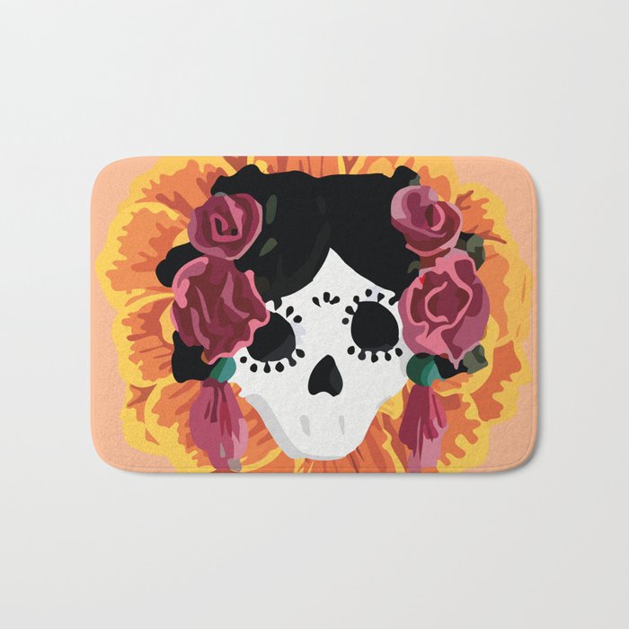Catrina frida mexican kawaii cute sugar skull mexican style mexican flower marigold skeleton  Bath Mat Gallery Image 1