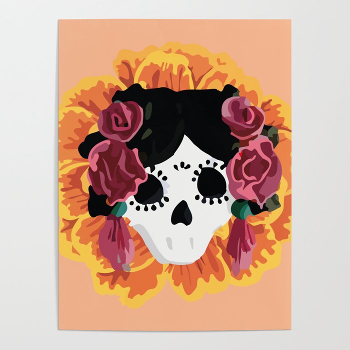 Catrina frida mexican kawaii cute sugar skull mexican style mexican flower marigold skeleton  Poster Gallery Image 1