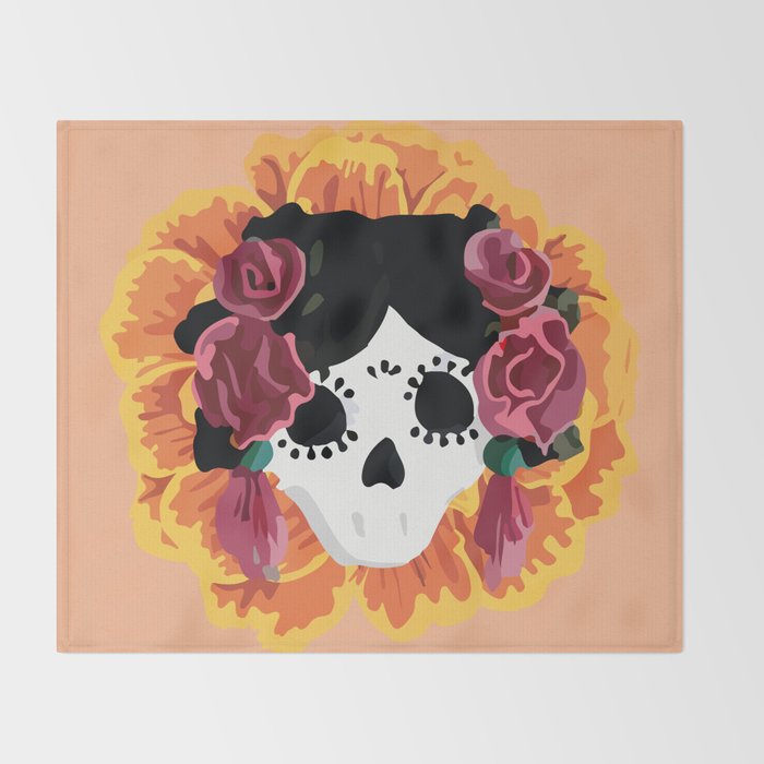 Catrina frida mexican kawaii cute sugar skull mexican style mexican flower marigold skeleton  Throw Blanket Gallery Image 2