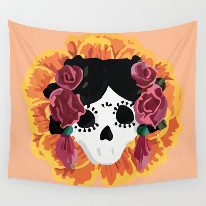 Catrina frida mexican kawaii cute sugar skull mexican style mexican flower marigold skeleton  Wall Tapestry Gallery Image 4