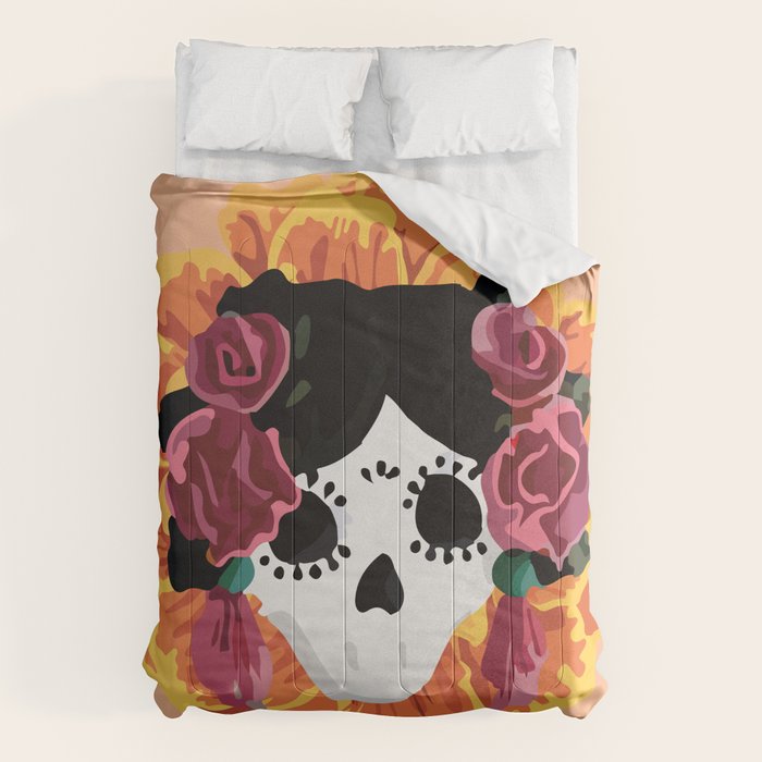 Catrina frida mexican kawaii cute sugar skull mexican style mexican flower marigold skeleton  Comforter Gallery Image 6