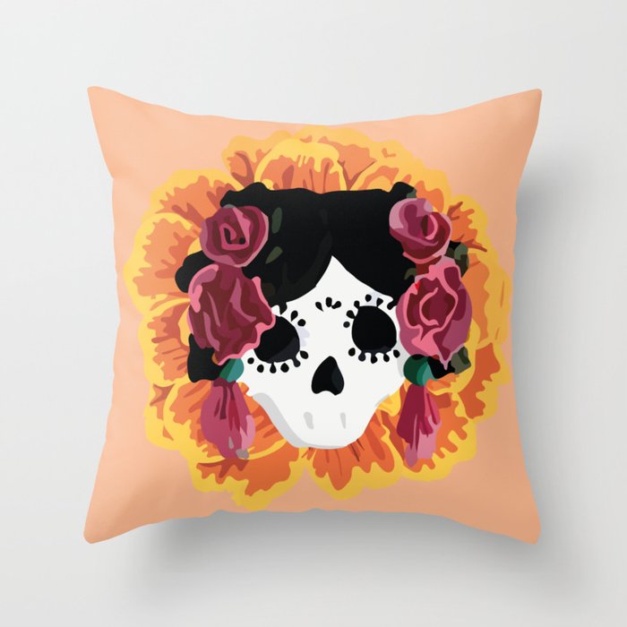 Catrina frida mexican kawaii cute sugar skull mexican style mexican flower marigold skeleton  Throw Pillow Gallery Image 1