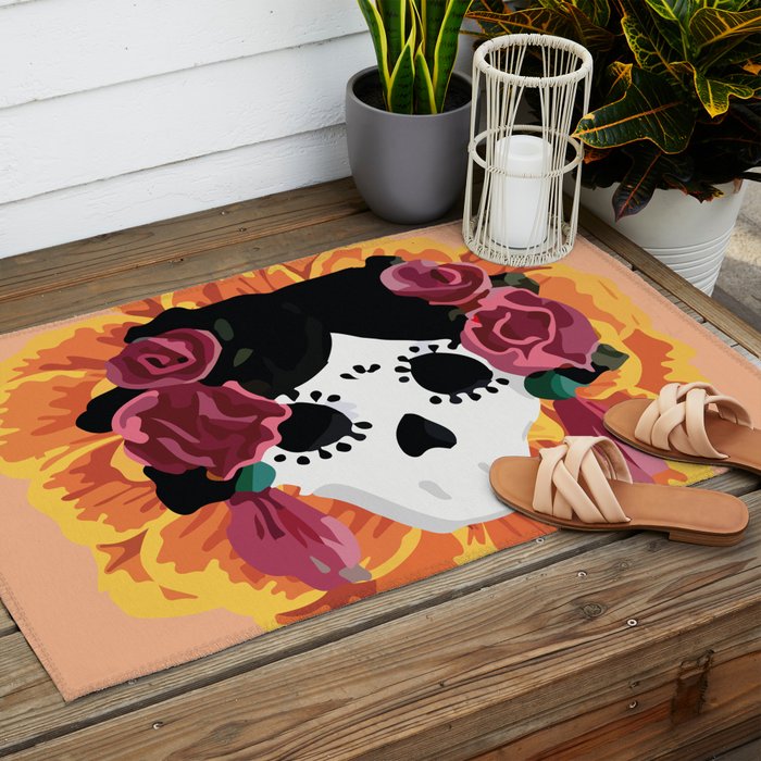 Catrina frida mexican kawaii cute sugar skull mexican style mexican flower marigold skeleton  Outdoor Rug Gallery Image 2
