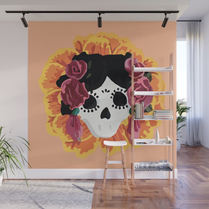 Catrina frida mexican kawaii cute sugar skull mexican style mexican flower marigold skeleton  Wall Mural Gallery Image 1