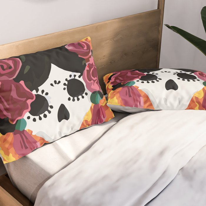 Catrina frida mexican kawaii cute sugar skull mexican style mexican flower marigold skeleton  Pillow Sham Gallery Image 2