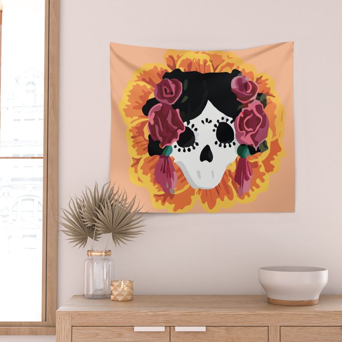 Catrina frida mexican kawaii cute sugar skull mexican style mexican flower marigold skeleton  Wall Tapestry Gallery Image 2