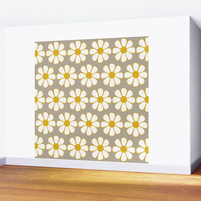 Cheerful Retro Daisy Floral Pattern in Mustard Gold and Gray Wall Mural Gallery Image 2