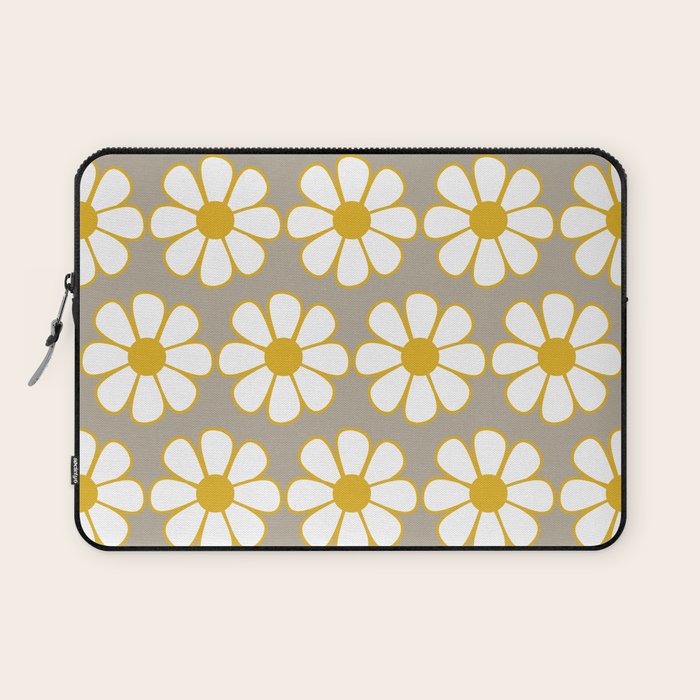 Cheerful Retro Daisy Floral Pattern in Mustard Gold and Gray Laptop Sleeve Gallery Image 1
