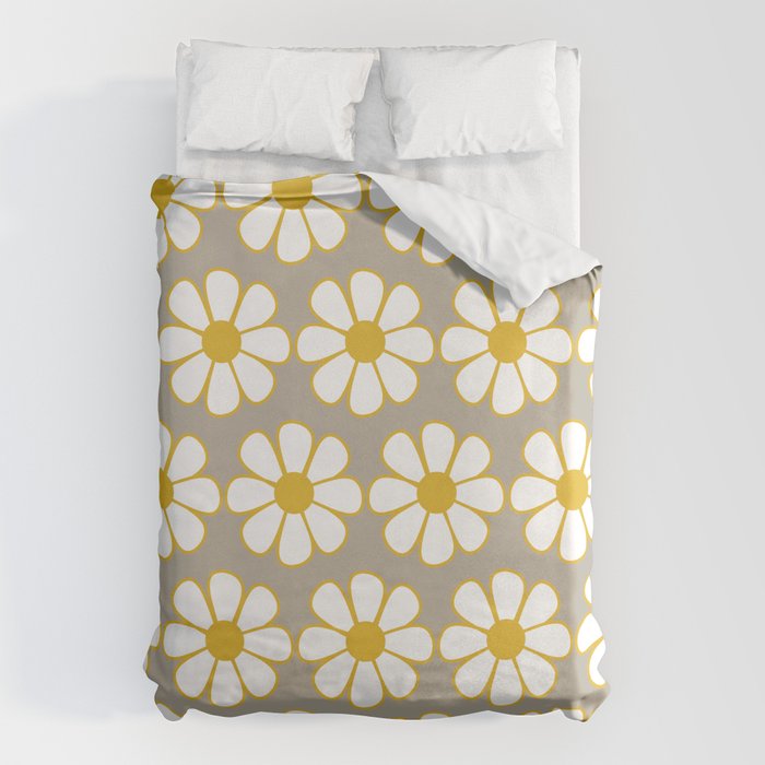 Cheerful Retro Daisy Floral Pattern in Mustard Gold and Gray Duvet Cover Gallery Image 6
