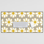 Cheerful Retro Daisy Floral Pattern in Mustard Gold and Gray Desk Mat Gallery Image 1