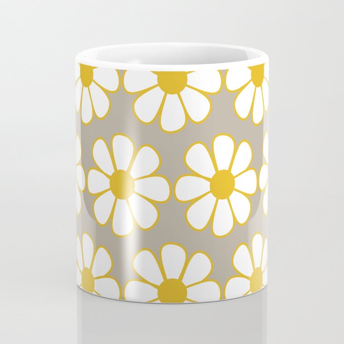 Cheerful Retro Daisy Floral Pattern in Mustard Gold and Gray Coffee Mug Gallery Image 4