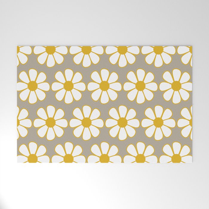 Cheerful Retro Daisy Floral Pattern in Mustard Gold and Gray Welcome Mat Gallery Image 1