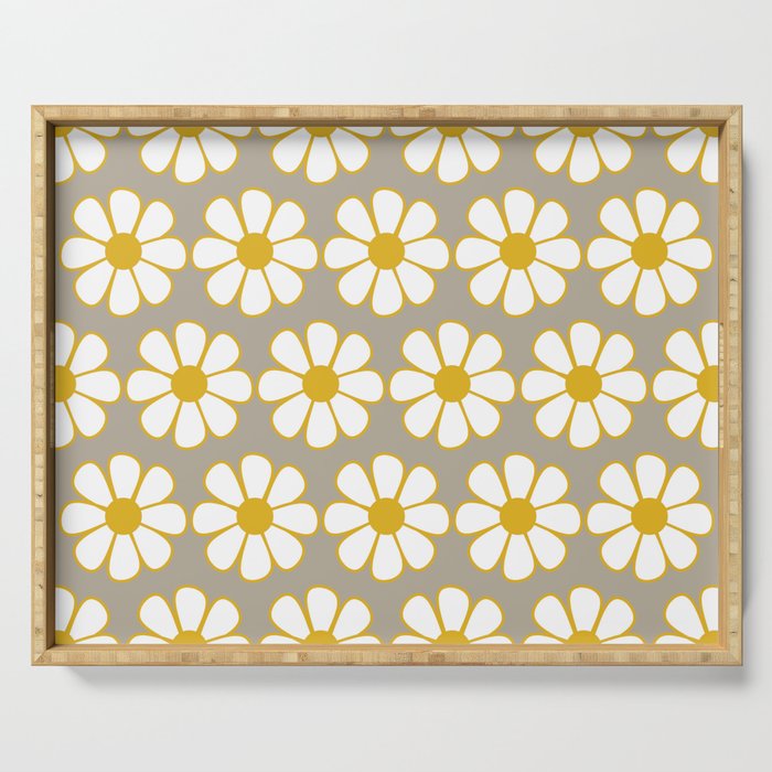 Cheerful Retro Daisy Floral Pattern in Mustard Gold and Gray Serving Tray Gallery Image 1