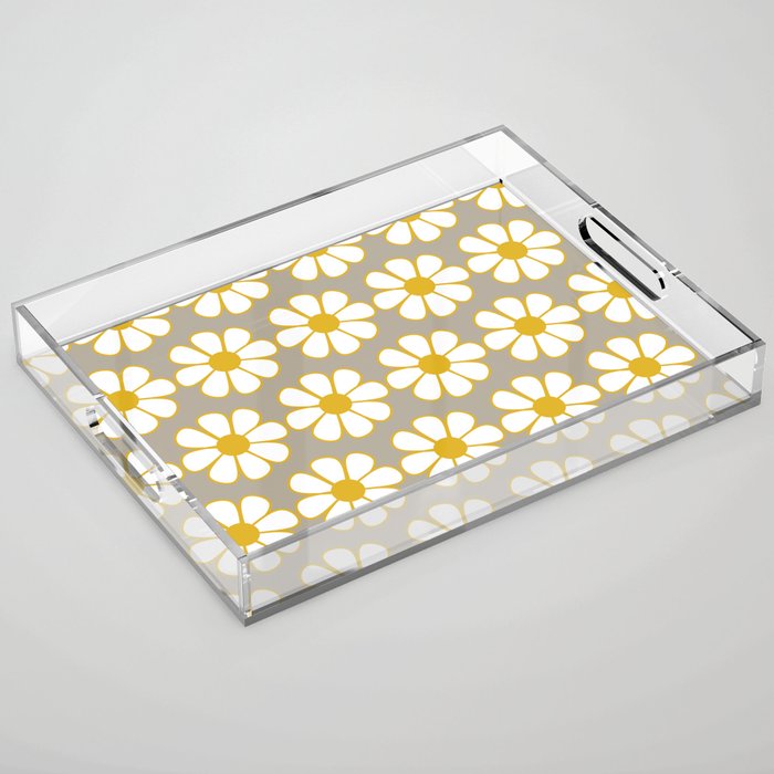 Cheerful Retro Daisy Floral Pattern in Mustard Gold and Gray Acrylic Tray Gallery Image 1