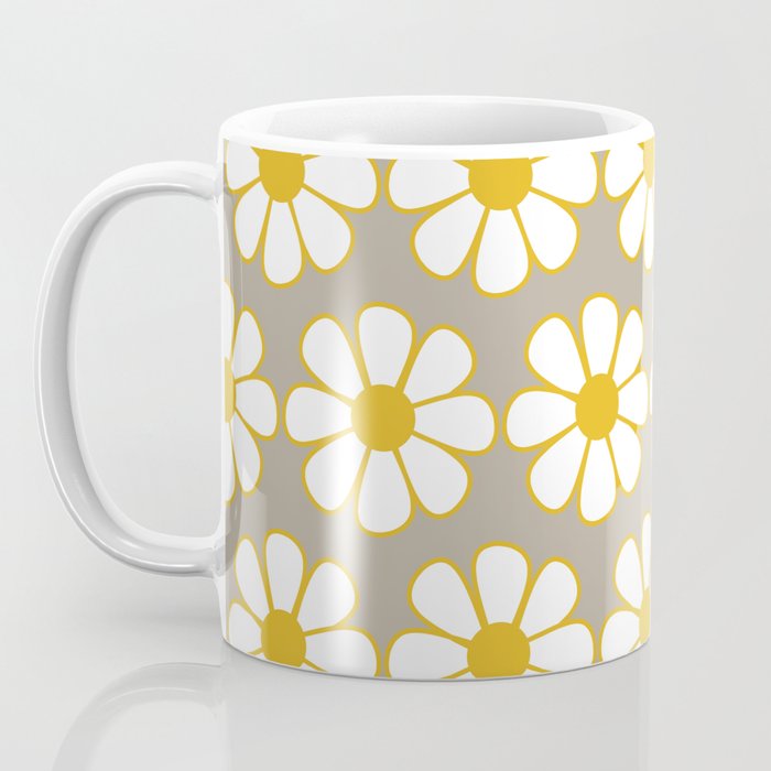 Cheerful Retro Daisy Floral Pattern in Mustard Gold and Gray Coffee Mug Gallery Image 3