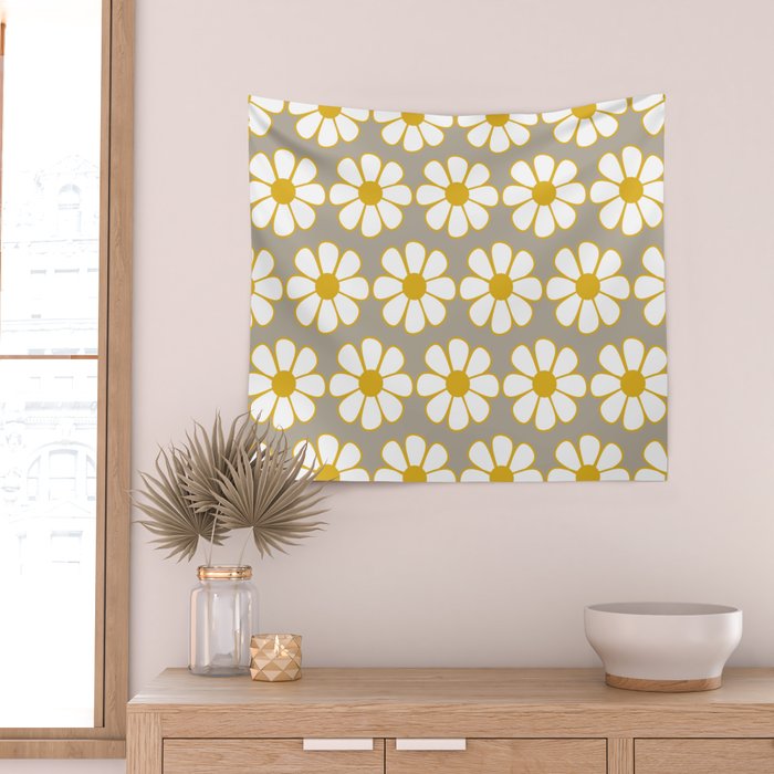 Cheerful Retro Daisy Floral Pattern in Mustard Gold and Gray Wall Tapestry Gallery Image 2