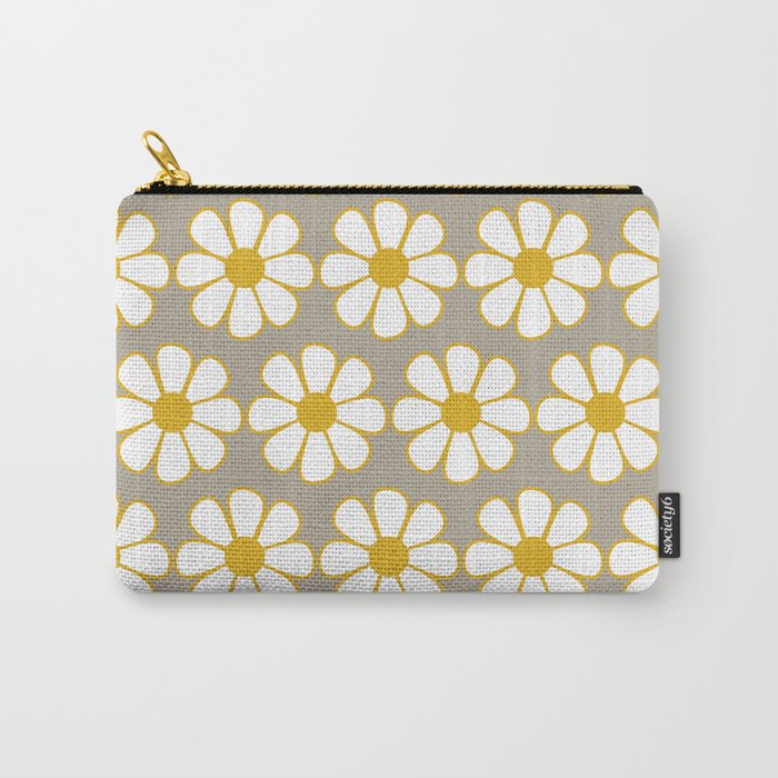 Cheerful Retro Daisy Floral Pattern in Mustard Gold and Gray Carry All Pouch Gallery Image 1