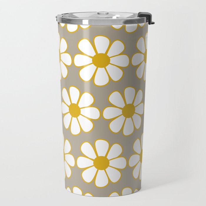 Cheerful Retro Daisy Floral Pattern in Mustard Gold and Gray Travel Mug Gallery Image 2