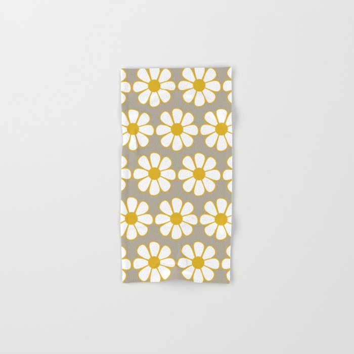 Cheerful Retro Daisy Floral Pattern in Mustard Gold and Gray Bath Towel Gallery Image 1