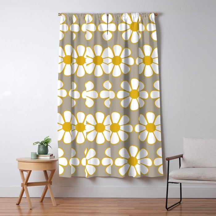 Cheerful Retro Daisy Floral Pattern in Mustard Gold and Gray Window Curtain Gallery Image 1