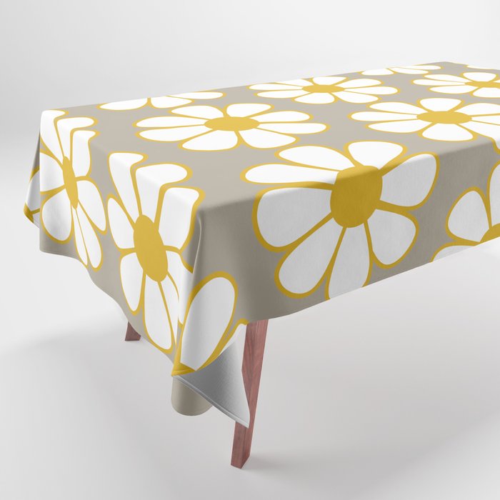 Cheerful Retro Daisy Floral Pattern in Mustard Gold and Gray Tablecloth Gallery Image 1