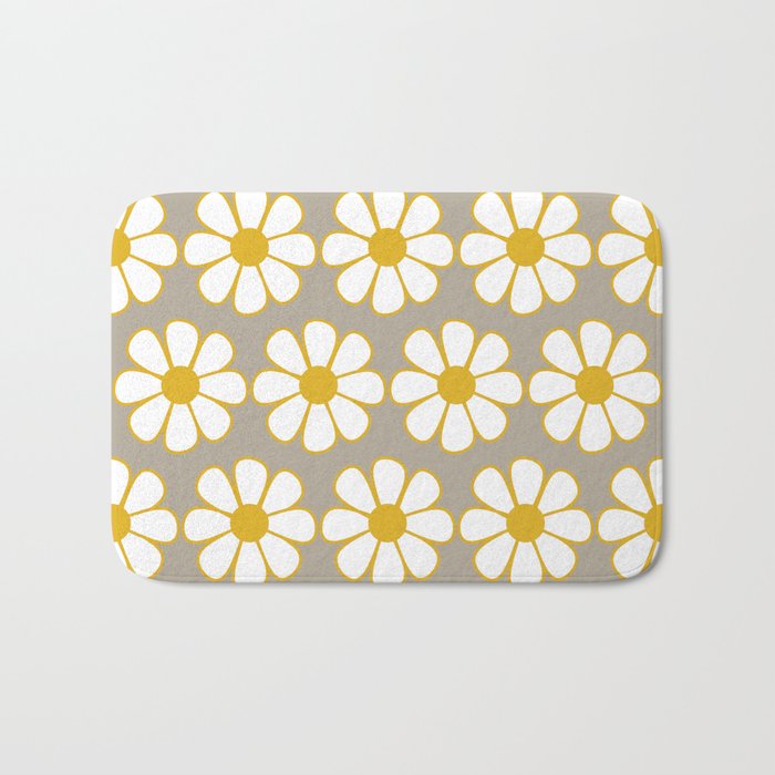 Cheerful Retro Daisy Floral Pattern in Mustard Gold and Gray Bath Mat Gallery Image 1