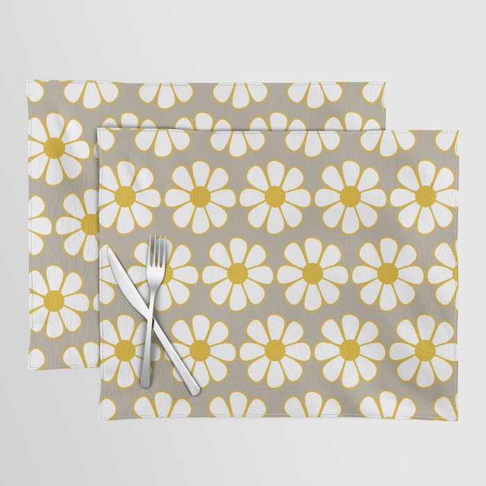 Cheerful Retro Daisy Floral Pattern in Mustard Gold and Gray Placemat Gallery Image 1